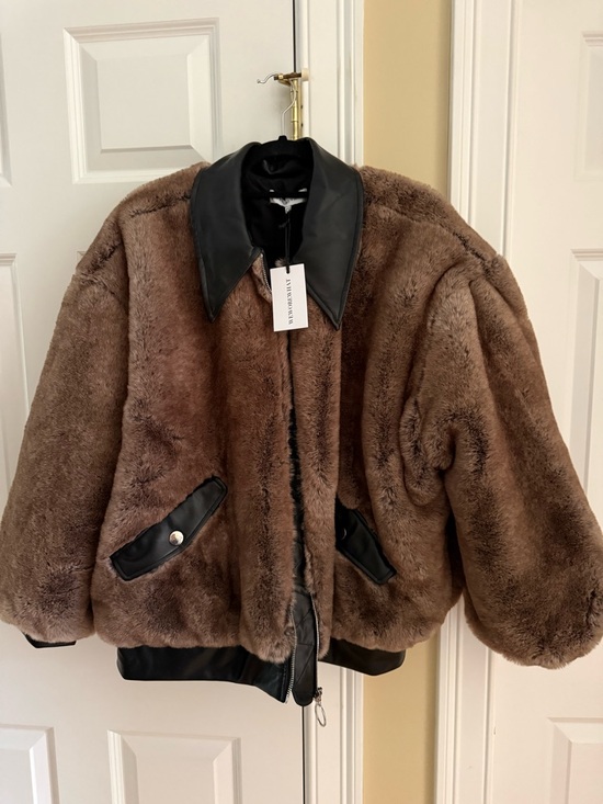 WeWoreWhat Jackets & Blazers - WeWoreWhat Brown Faux Fur Bomber Jacket with Black Trim